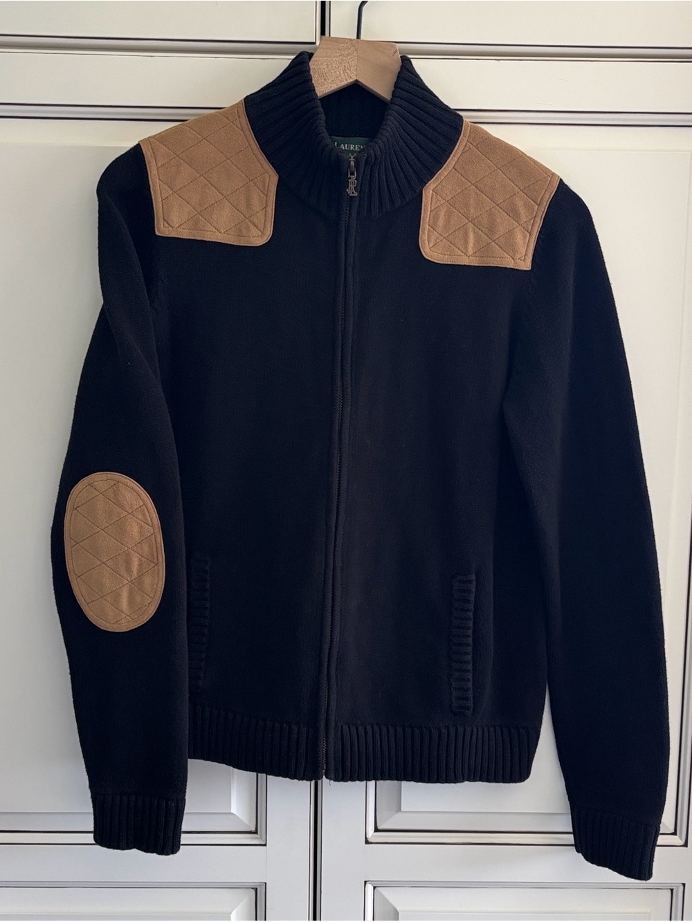 Ralph Lauren Black Shoulder Elbow Patch Zip Sweater Vintage Equestrian Womens S